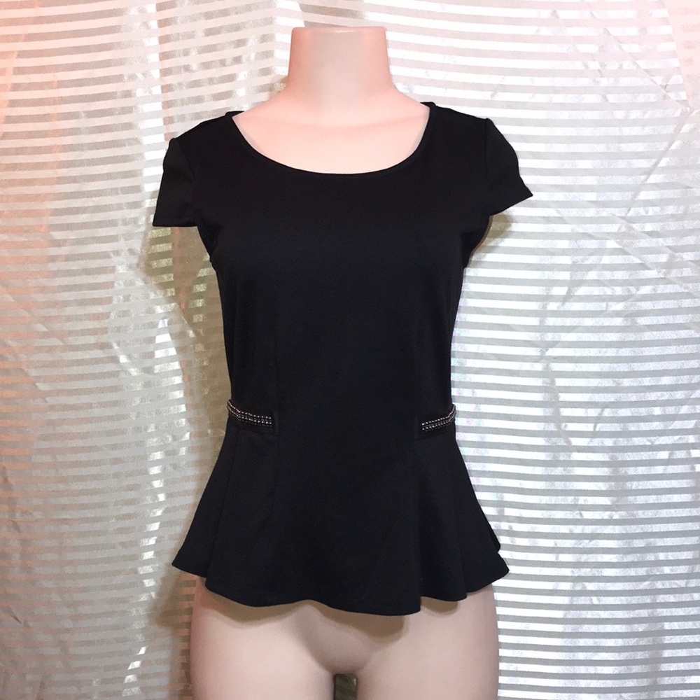 Elle Black Peplum Top XS Rhinestone Waist Stretch Career Party Blouse